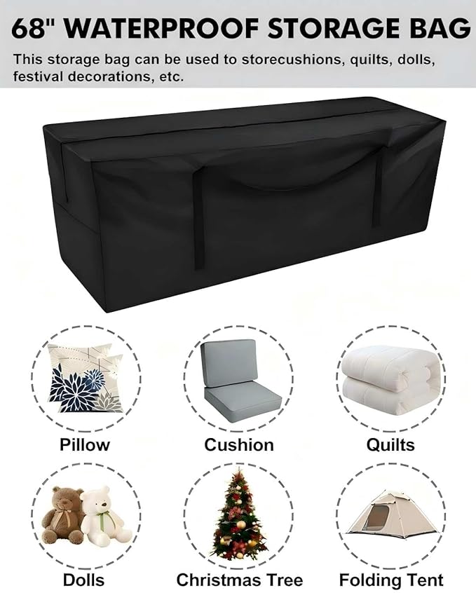 Patio Cushion Storage Bag,Outdoor Cushion Storage Bag,Waterproof storage bag with zipper and handle,Used for outdoor cushion storage and home storage. 68in L x 30in W x 20in H