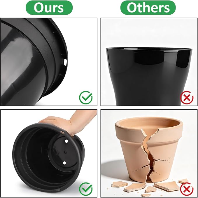 RooTrimmer 8 Inch Nursery Pots Set of 10 with Drainage Holes and Saucers,Plant Pots for Indoor Outdoor Plants,Orchid Pots for Repotting Flowers Herbs Succulents(Black)