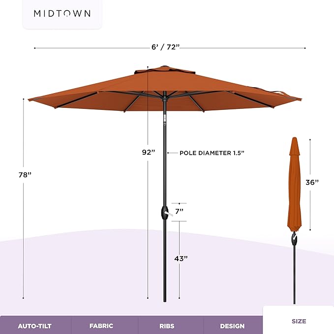 Midtown Umbrellas - 10-Year-No-Fade 6 Ft Patio Umbrella with Terylast Fabric, Auto-Tilt Aluminum Frame and 8 Reinforced Ribs for Deck, Pool, Garden & Beach - Terracotta Orange Canopy, Black Pole