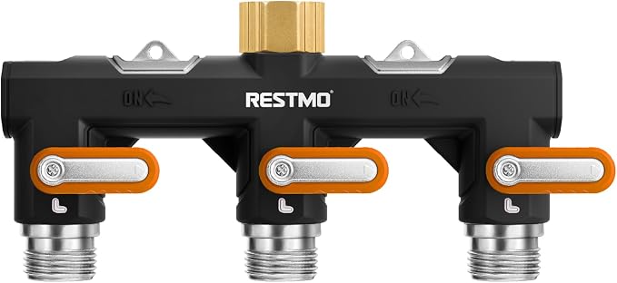 Restmo 3 Way Garden Hose Splitter Heavy Duty 100% Metal Body, Full Flow Design with Oversized Ball Valve, Outdoor Faucet Spigot Adapter with Extended Levers, 3/4" GHT Thread - Orange