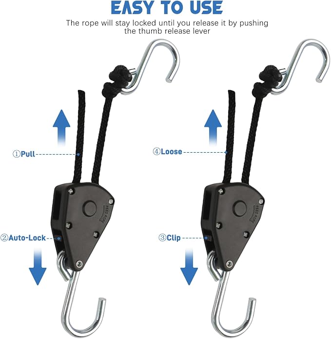 12-Pack 1/8" Adjustable Rope Hanger, Heavy Duty Retractable Ratchet Tie Down Strap with Reinforced Gear, Pulley System for Hanging Plants Grow Light and Tie-Downs for Various Purposes