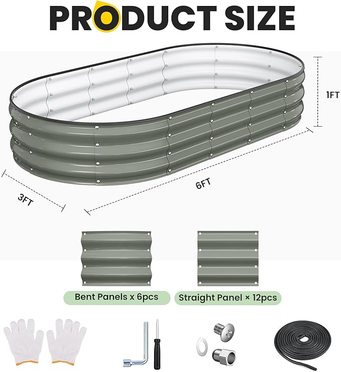 Pattiumo Galvanized Raised Garden Bed 6x3x1 FT, Oval Metal Raised Garden Bed Outdoor Planter Box with Open Bottom, Rust-Resistant Steel Garden Bed for Vegetables Herbs Flowers, Easy Assembly