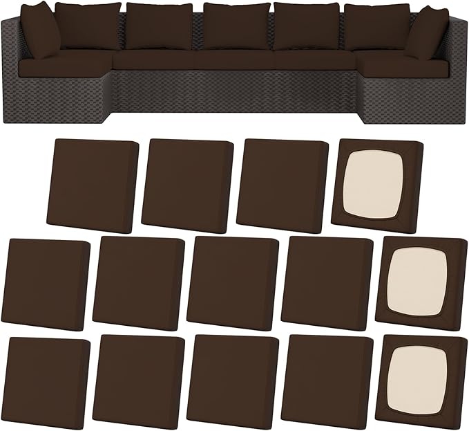 14Pcs Patio Stretch Cushion Covers, Outdoor Couch & Sofa Replacement Slipcovers for Patio Furniture Cushion Covers, Washable Reusable Furniture Protector, Square Large, Dark Coffee