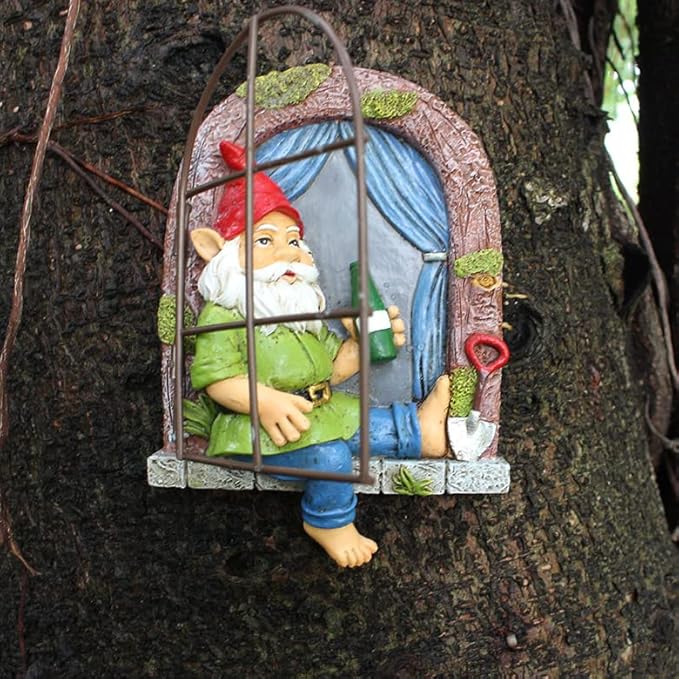 Funny Garden Gnome Accessories Tree Hugger Statue Gnome Dringking Beer by Window, Fairy Garden Decoration, Whimsical Tree Sculpture Peeker, Patio Yard Lawn Porch Decoration,Christmas New Year Gift