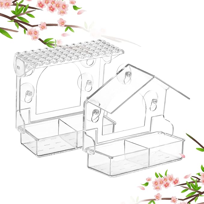 2PCS Window Bird Feeder with 4 Extra Strong Suction Cups, Clear Birdfeeders Bird House for Outdoors Window Viewing Outside, Removable Tray Birdhouse