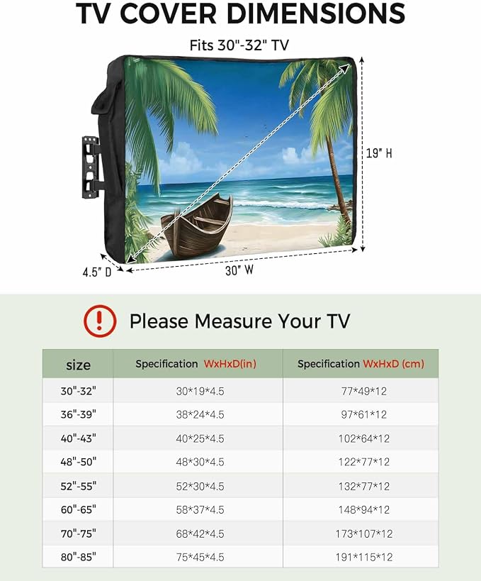 Outdoor TV Cover - Summer Palm Tree Ocean Beach Boat Waterproof and Weatherproof 52"-55" LCD Movable Shield TV Display Screen Protector Outside Television Covers