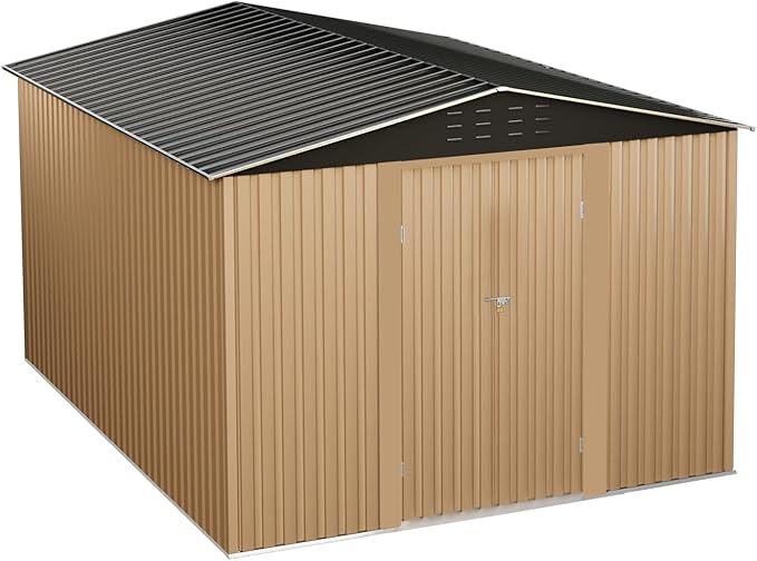 GarveeLife Large Outdoor Metal Storage Shed, 10x10 ft Metal Shed with Lockable Doors, Large Garden Tool Shed with Sturdy Frame Structure, for Backyard, Patio, Lawn, Brown