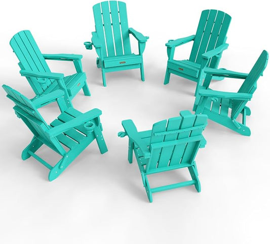 Folding Adirondack Chair Set of 6, HDPE Adirondack Chairs with 2 Cup Holder, Plastic All-Weather Fire Pit Chairs, Outdoor Lawn Chair for Patio Garden (Lake Blue)