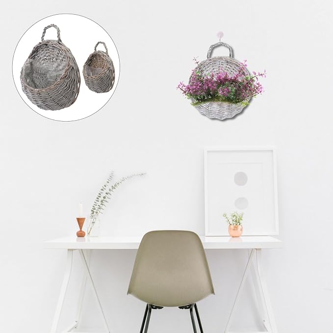 Wicker Hanging Basket Set 2 Pcs Handmade Wall-Mounted Planters for Indoor Outdoor Use Grey Willow Style Storage and Flowerpot