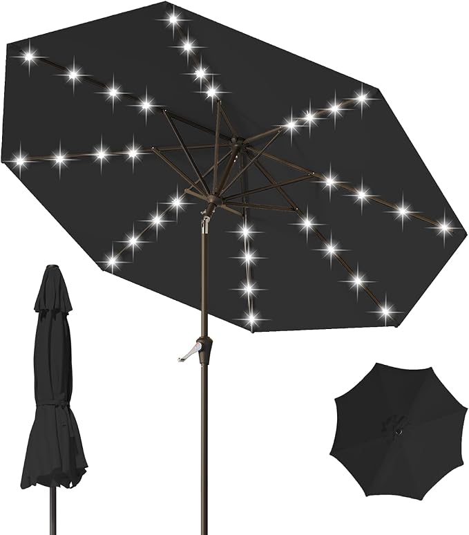 9FT Patio Umbrella with Solar Lights,Outdoor Market Umbrella with Tilt and Crank, LED Lighted Table Umbrella for Garden,Deck,Backyard,Pool,Beach