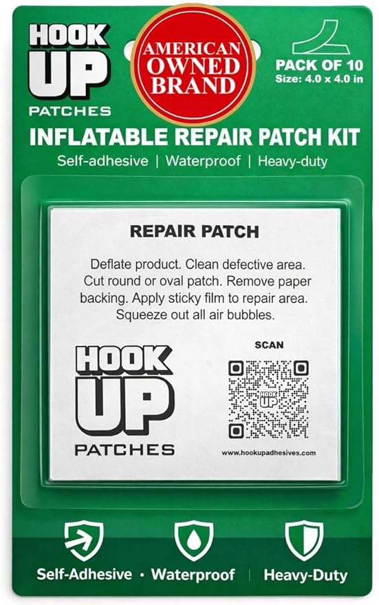 HOOK UP Inflatable Repair Patches – Heavy Duty Peel & Stick Patch Kit for Pool Floats, Air Mattresses, Inflatables & PVC – Waterproof, No Glue Needed (10 Pack) (4” x 4”, Pack of 10)