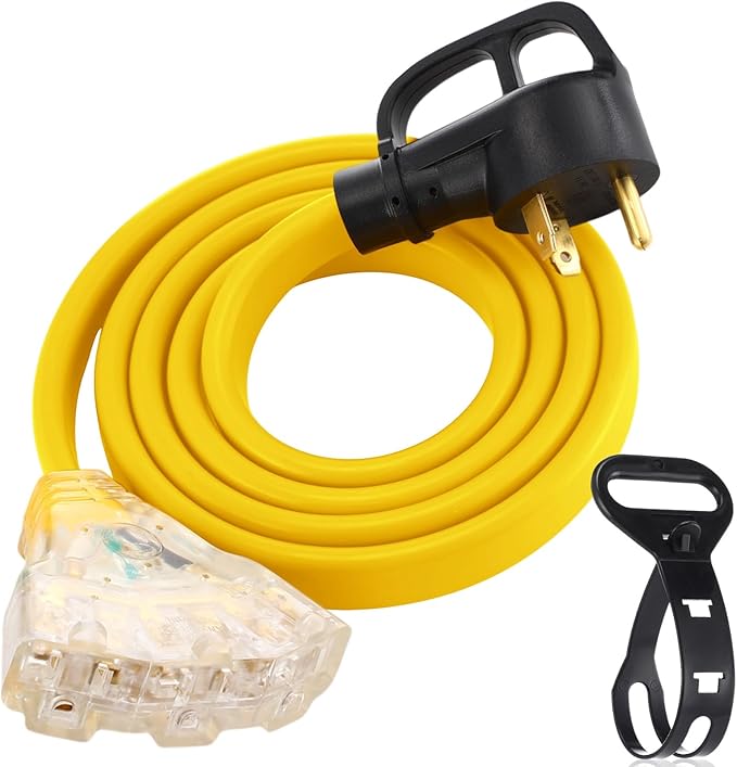 Tellegloww 6.6 FT Flat RV Generator Adapter Cord NEMA TT-30p to 3X 5-20R/5-15R, 30A to 110V 15/20 A Household Outlet Adapter, 10 Gauge Flat Rv Generator Extension Cord, Etl Listed, Yellow