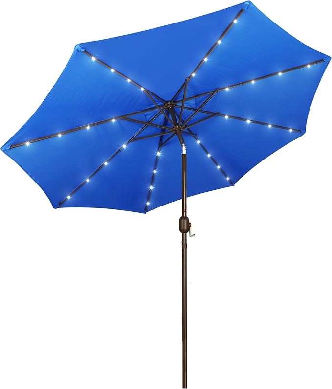 Blissun 9 ft Solar Umbrella, Patio Umbrella with 32 LED Lights, Table Market Umbrella, Outdoor Umbrella for Garden, Deck, Backyard, Royal Blue