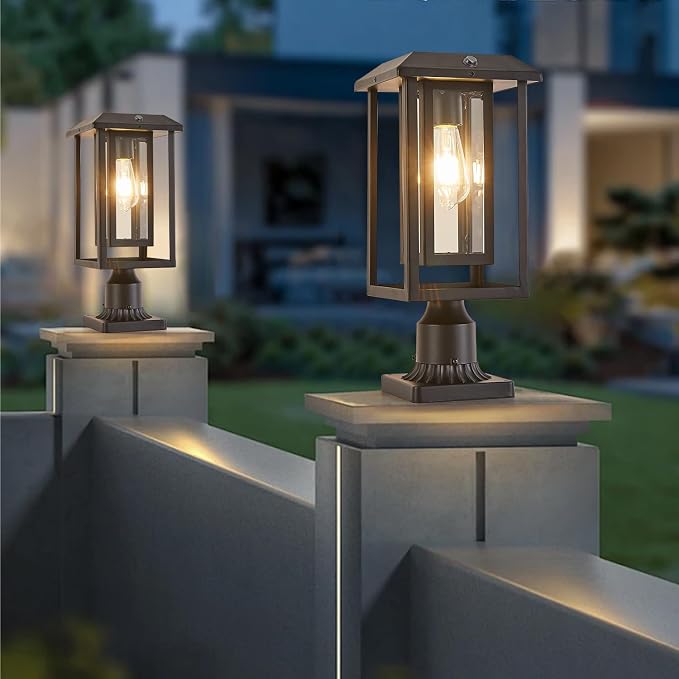 Solar Lamp Post Lights for Outdoor with Pier Mount Base, Waterproof Pole Lights Head with Dusk to Dawn Sensor, Exterior Solar Powered Pillar Lights Fixture for Yard, Garden, Pathway, Black