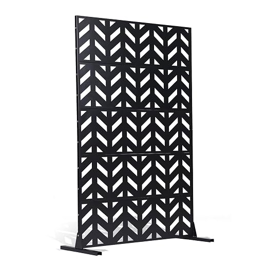 VEVOR Metal Privacy Screen, 47" W x 72" H, Outdoor Privacy Screens 5-Panel, Freestanding Outdoor Divider with Stand, Decorative Garden Steel Privacy Fence for Balcony Patio Indoor Room Black