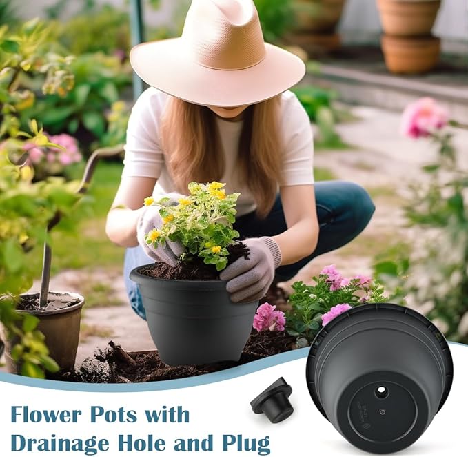 RooTrimmer 3 Pack 11 Inch Plant Pots with Drainage Hole and Plug,Plastic Flower Pots for Indoor & Outdoor Plants,Lightweight Plant Pots Perfect for Herbs,Flowers & Succulents(Gray)
