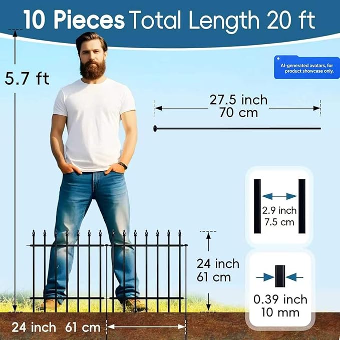 Thealyn Metal Garden Fence 24 inch H x 24 inch W (10 Panels, Total Length 20 ft) Decorative Fence Border Fence Landscape Fencing for Dog, Flower Bed, Yard, Animal Barrier