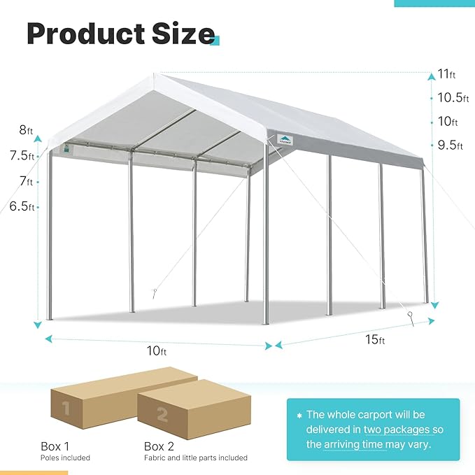 ADVANCE OUTDOOR 10x20 ft Heavy Duty Carport, Adjustable Height Garage Car Canopy Party Tent Boat Shelter, White
