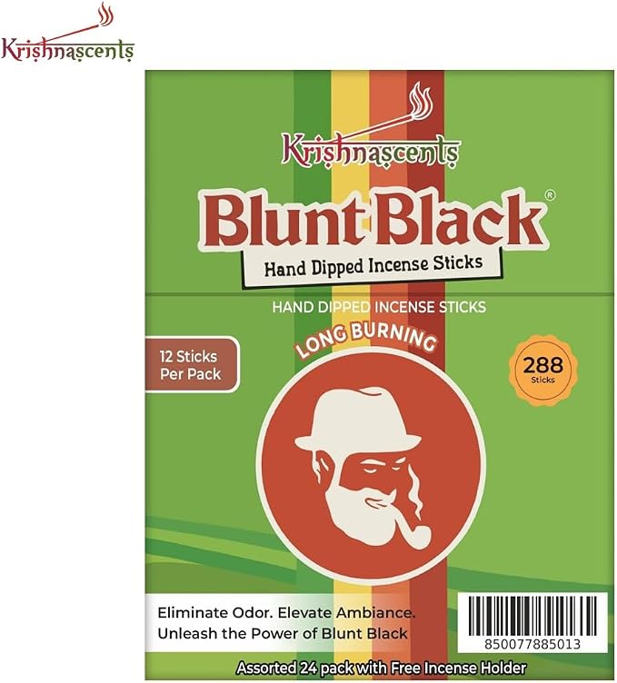 Blunt Black Hand-Dipped Incense Sticks | Premium 24 Assorted Packs - 288 Sticks, 11" Long | Aromatherapy with Long Burn Time | Free Wooden Stick Holder (Scents May Vary)