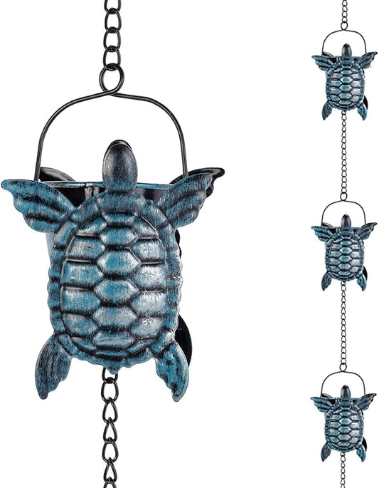 10 FT Rain Chains for Gutter, Rain Chain with 12 Turtle Shape Cups Adjustable Rain Catcher Chain for Gutters, Eaves, Drainage, Replacement for Downpout, Blue