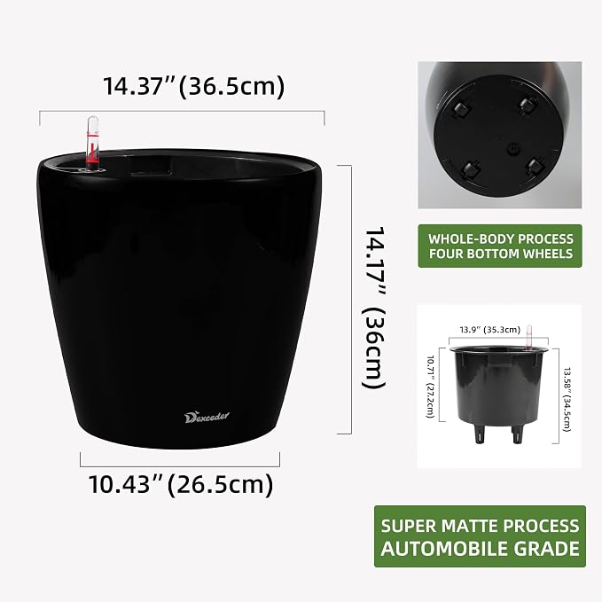 Dexceder 15x14 Self Watering Planter with Wheels (Black Matte) | Inner Pot Design, Thickened Large Floor Standing Flower Plant Pot with Water Level Indicator Indoor Outdoor