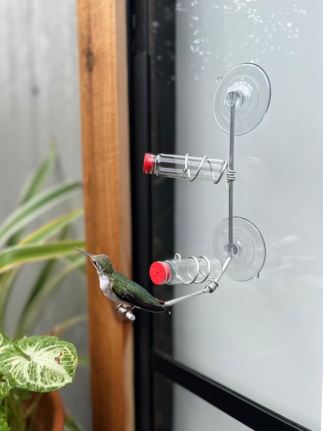Window Hummingbird Feeder | Handcrafted Copper and Aluminum | Multiple Stations | Modern Hummingbird Feeder | Home Décor | Glass Bottles | Suction Cups (Aluminum, Two Station)