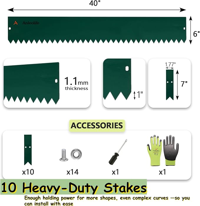 A ANLEOLIFE 20FT Galvanized Steel Landscape Edging, 6-Pack 40" L x 6" H Hammer-in Metal Garden Border with 10 Stakes for Lawn, Pathway, Flower Beds – Green