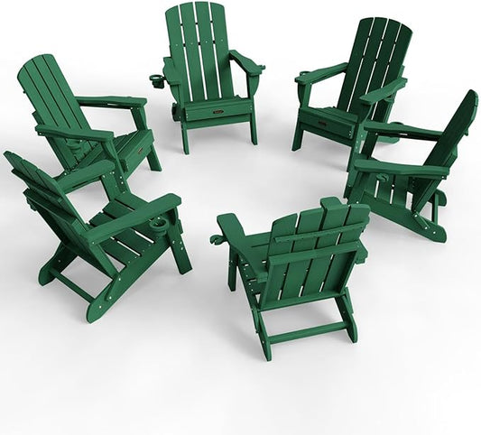 Folding Adirondack Chair Set of 6, HDPE Adirondack Chairs with 2 Cup Holder, Plastic All-Weather Fire Pit Chairs, Outdoor Lawn Chair for Patio Garden (Green)