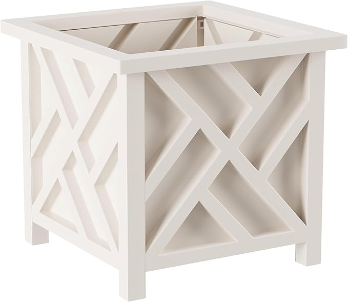 Lattice Design Outdoor Planter Box - 14.75” Square 13” Tall White Plant Pot - Decorative Plant Pots for Front Porch Decor - Flower Pots Outdoor Planters for Porch Patio or Garden Decor by Pure Garden