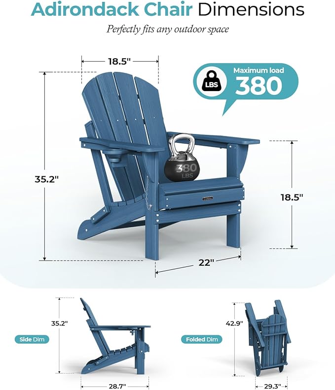 Ciokea Folding Adirondack Chair 2 Pack, Patio Adirondack Chair Weather Resistant, Plastic Fire Pit Chair with Cup Holder, Lawn Chair for Outdoor Porch Garden Backyard Deck (Royal Blue)