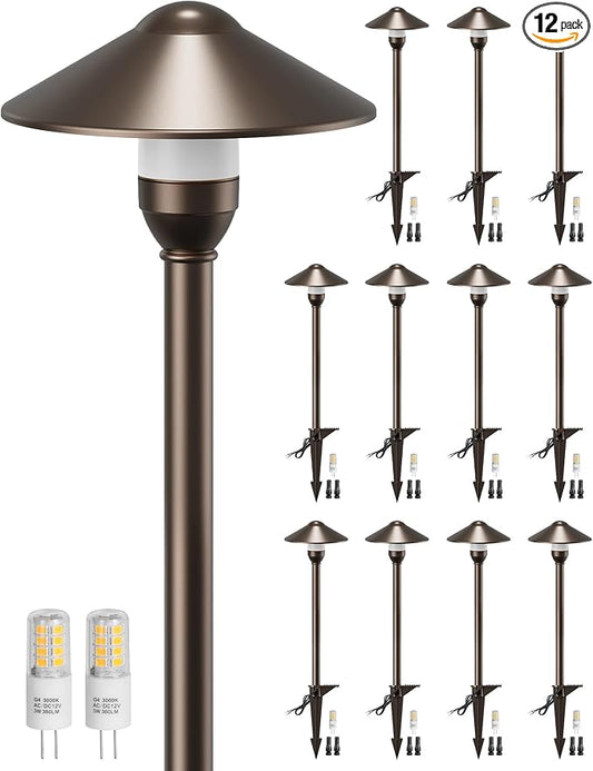 PARTPHONER Low Voltage Landscape Lighting 12-Pack, Aluminum 12V Pathway Lights with G4 Bulbs, Waterproof Oil Rubbed Bronze Color Round Shade Path Lights with Connectors for Walkway Yard Garden