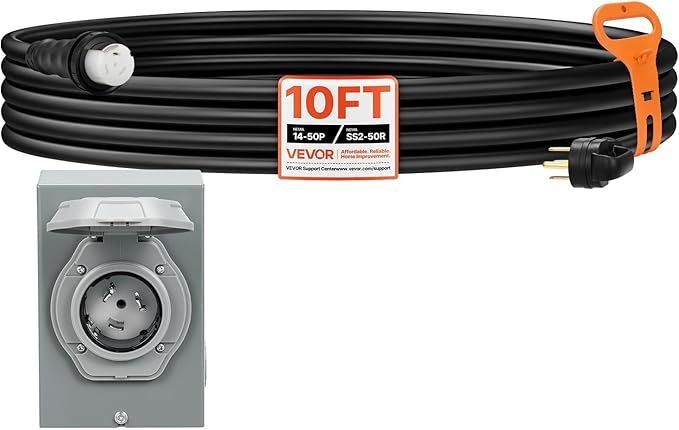 VEVOR 50 Amp Generator Cord and Power Inlet Box, 10FT, 125V/250V STW 6/3 + 8/1 AWG Extension Power Cord, NEMA 14-50P to SS2-50R, Twist Lock Connector, Inlet Box Kit, for Generator to House, ETL Listed