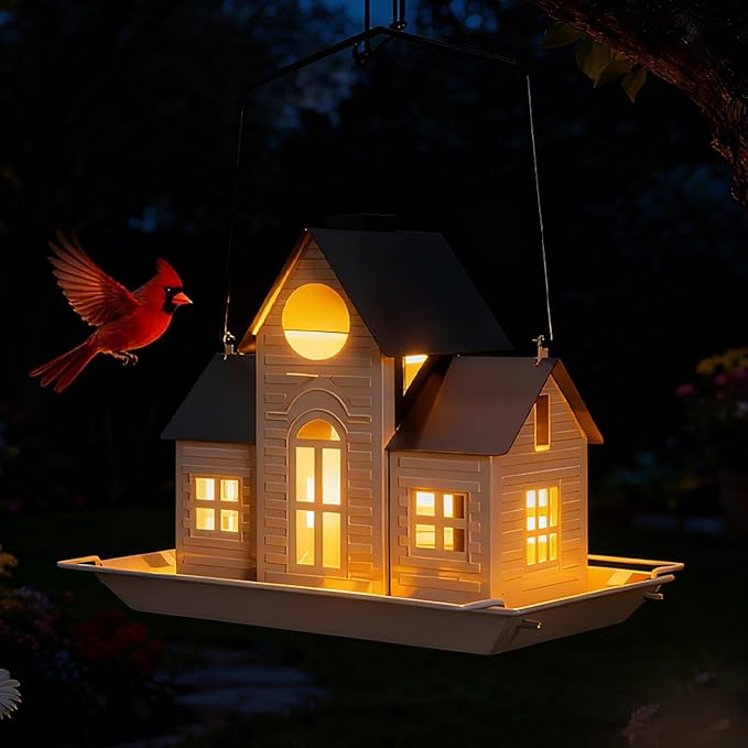 Solar Bird Feeders for Outdoors Hanging,Metal Cardinal Bird House Feeder with Solar Powered Lantern Light,Wild Cardinal Birdfeeder Waterproof Decor for Garden Yard Outside,Gift for Grandma Mom