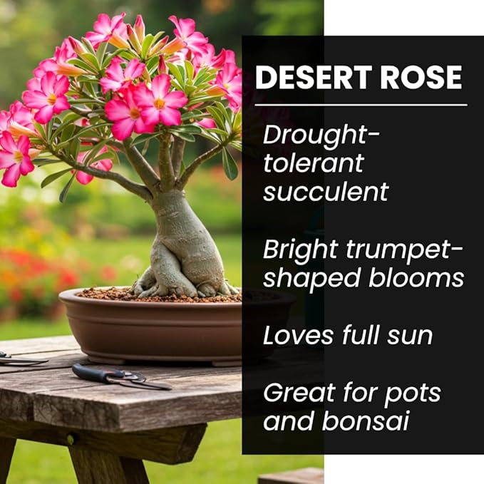 50 Seeds Adenium Obesum Seeds (Desert Rose) – Grow Exotic Caudex Succulent Flowering Plant for Indoor Bonsai or Outdoor Patio – Drought Tolerant, Pink Blooming Ornamental Plant for Containers