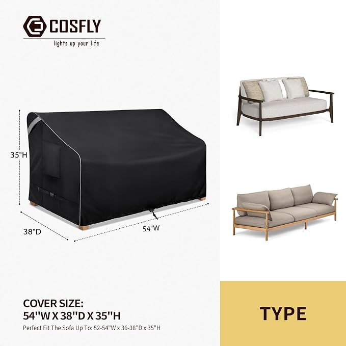 COSFLY Outdoor Patio Sofa Covers Waterproof, Heavy-Duty UV-Resistant Furniture Covers, Adjustable Fit with Buckle Straps, Fits 3-Seater Sofa up to 79"W x 38"D x 35"H ( Black)