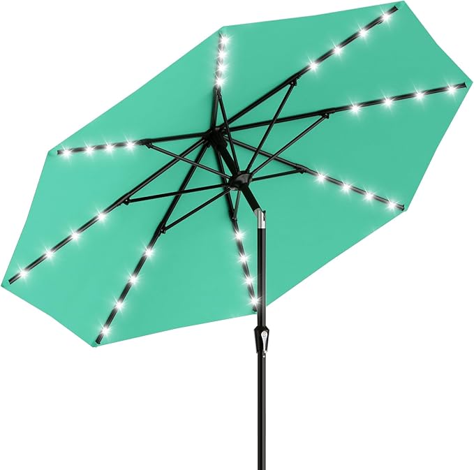 AreShark 9FT Patio Umbrella with Solar Lights, 32 Lighted Pool Umbrella w/Tilt and Crank, Outdoor Market Solar Umbrellas for Garden, Deck, Backyard, Pool and Beach, Cerulean