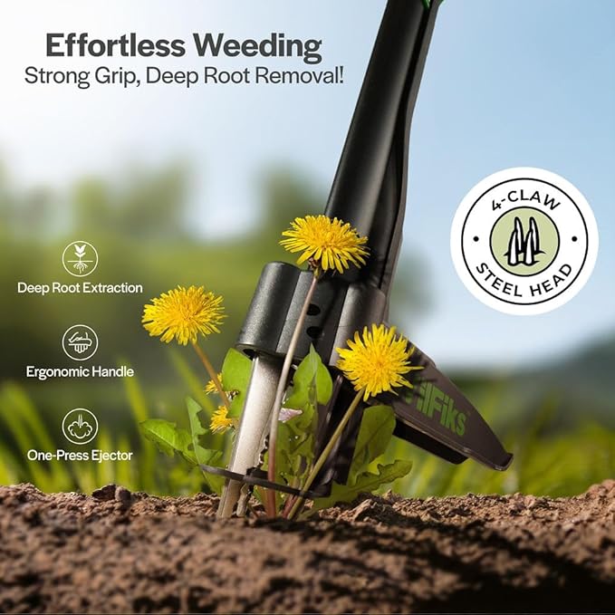 Weed Puller Tool with Long Adjustable Handle (37", 39", & 44"), Quick-Release Weed Ejector Mechanism, Lightweight Aluminum Stand-Up Heavy Duty Weed Remover, 4-Claw Head & Foot Pedal for Easy Weeding