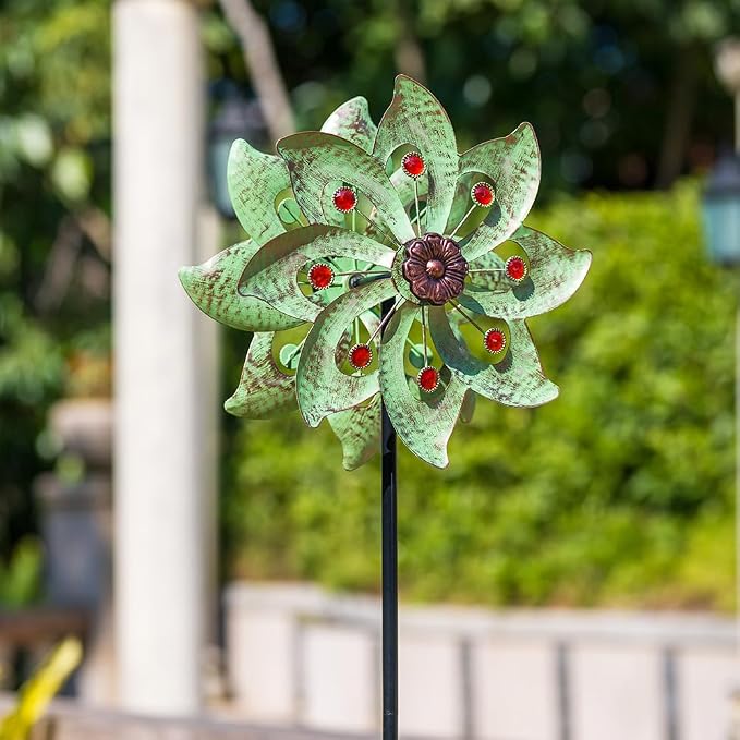 Stargarden Outdoor Wind Spinner-Double Wind Sculpture 63 * 13" Metal Windmill for Garden Patio Yard Decor -Green