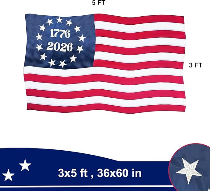 Embroidered 1776 Bennington 250 Anniversary USA Flags 3x5 Outdoor- Betsy Ross US Flag Heavy Duty Nylon Embroidered Stars Sewn Stripes With 2 Brass Grommets for Outside