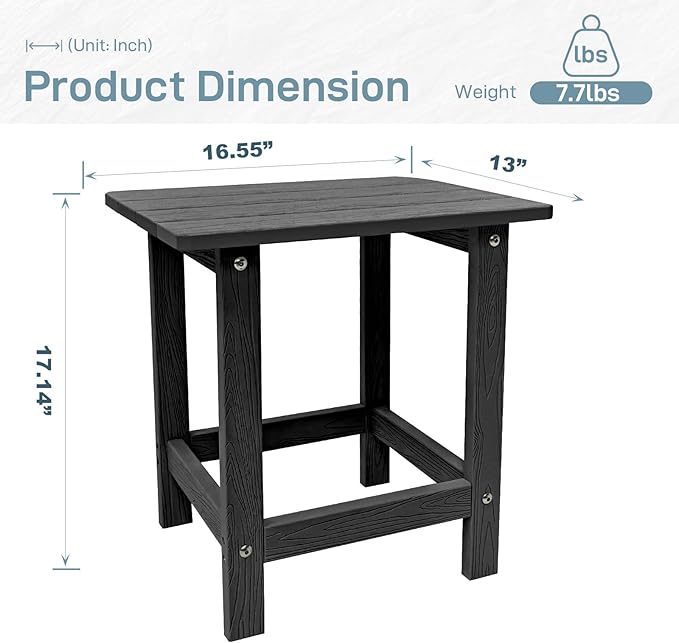 Meluvici Outdoor Side Table, HDPS Single Adirondack Side Table Weather Resistant, Outside Table for Adirondack Chair, Outside End Table for Patio, Pool, Deck, Porch, Patio or Indoor Use, Black