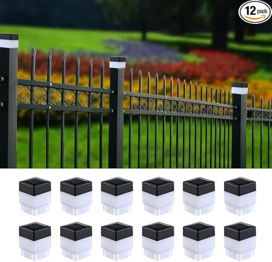 Fence Lights Solar Powered Solar LED Fence Post Cap 2In x 2In(5cm x 5cm) for Wrought Iron, Aluminum, Garden & Outdoor (White Light, 12)