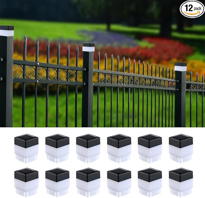 Fence Lights Solar Powered Solar LED Fence Post Cap 2In x 2In(5cm x 5cm) for Wrought Iron, Aluminum, Garden & Outdoor (Warm Light, 12)