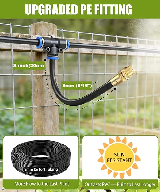 80FT Easy-Snap Garden Irrigation System for Raised Beds & Greenhouses, Upgraded 8mm (5/16") High-Flow PE Tubing with 30 Bendable 360° Copper Nozzles, Quick-Connect Plant Watering Kit (Not 1/4" Tube)
