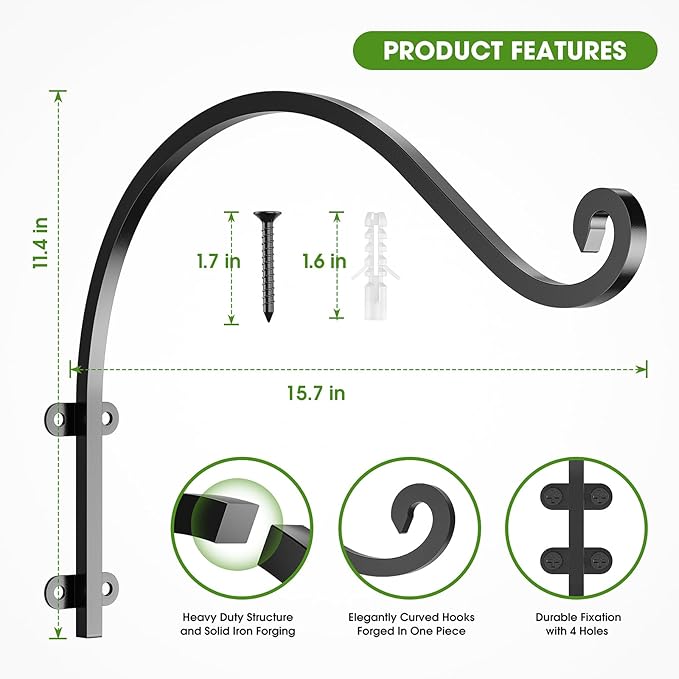 EPHECH 6 Pack Heavy Duty Plant Hanger Hook for Outdoor and Indoor, 16Inch Wall Hanging Basket Bracket, Black Metal Outdoor Hanging Bracket for Hanging Flower Pot Bird Feeder Lanterns