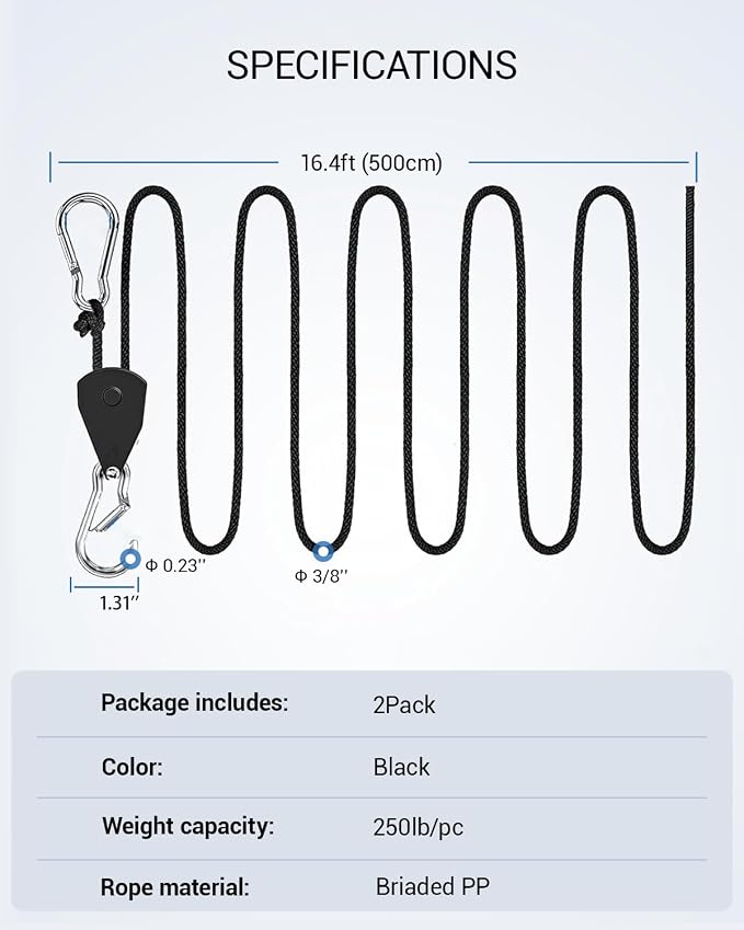 2Pack Ratchet Tie Down Straps, 16Ft 3/8" Adjustable Rope Rollers, Heavy-Duty Pulley System, Tightener for Shade Sails, Hoist for Lifting Gear, Outdoor Utility, 250lb Load Limit