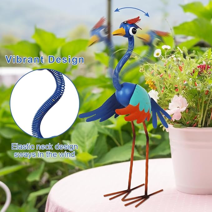 Metal Wacky Heron Garden Statue for Patio, Backyard, Lawn | 19‘’ Crane Garden Decor for Outside, Waterproof Bird Yard Art, Blue & Cyan