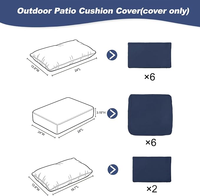 14 Piece Outdoor Cushion Covers Replacement, Waterproof Patio Couch Cushion Covers, Outdoor Furniture Sofa Covers with Zippers, Cover Only (14Pcs-Blue, 24 * 24 * 3.15-inch)