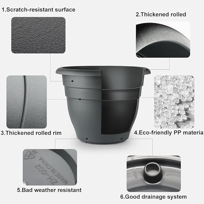 RooTrimmer 3 Pack 16 Inch Large Plant Pots with Rolling Saucers & Drainage Holes,Heavy Duty Plastic Planters for Indoor Outdoor Plants,Large Flower Pots with Wheels for Tall Plants(Black)