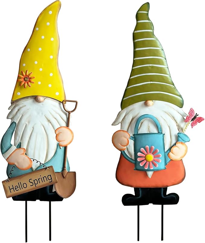 Metal Gnome Decorative Garden Stakes,23.8” Set of 2 Spring Garden Gnomes Outdoor Decor with Flower Butterfly Watering Can Ornament, Gnomes Decorations for Yard Lawn Backyard Porch Outside Decorations