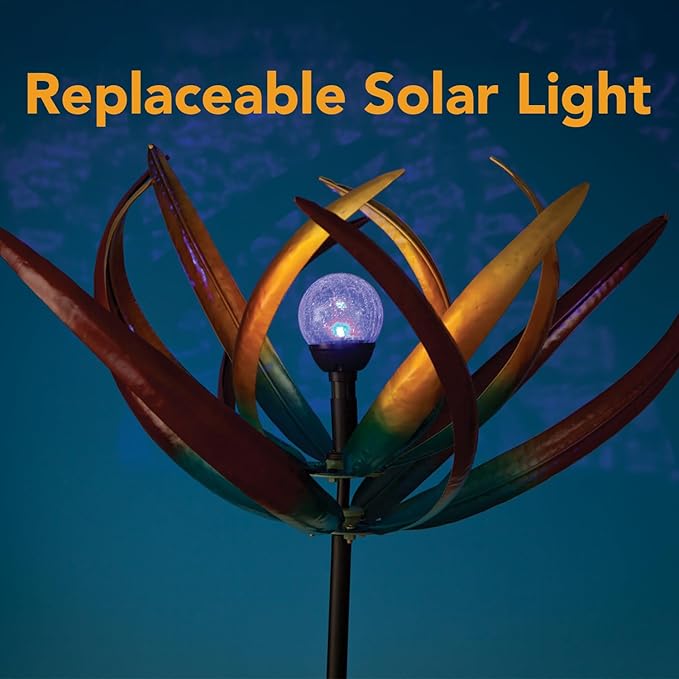 Bits and Pieces Tulip Wind Spinners Outdoor Solar Lighted Metal Wind Spinner, Large Kinetic Garden Sculptures, Crackle Glass Light, Multi-Colored Garden Decor